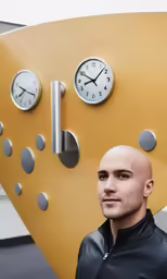 a bald man in leather shirt next to clock sculpture