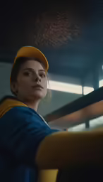 woman in yellow and blue looking sadly at the camera