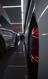there are two cars that are inside a dark building