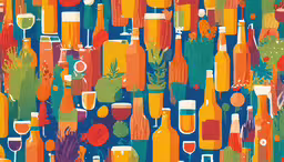 orange and green bottles and glasses sitting next to each other,colorful art depicting a collection of bottles and wine glasses