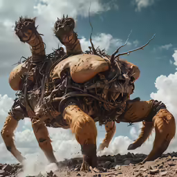 the strange looking dog is walking through a rocky area