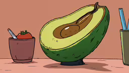 the avocado and its cups are both side by side,a cup is on the floor beside an avocado and strawberries