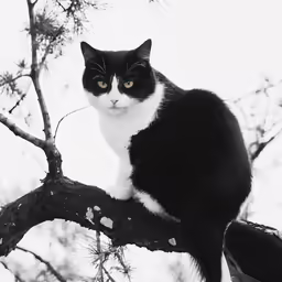 black and white cat on tree limb looking straight ahead