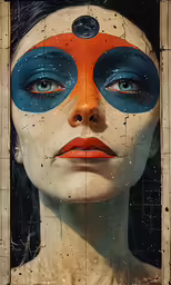 a digital collage of a woman with a face painted orange and blue