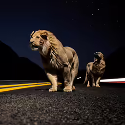 a large and small lion walking on the road