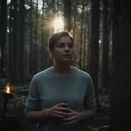 woman holding a flashlight in forest during the day