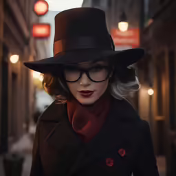 a woman wearing a black hat, brown coat, red scarf, and glasses