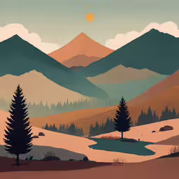 a painting shows a mountainous view with mountains and pine trees,a digital painting of mountains with trees and snow