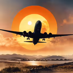 a large passenger jet flying over a runway,a large jetliner flying through a cloudy sunset