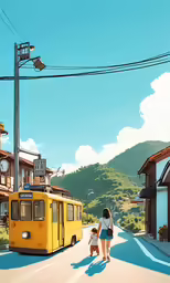 an adult and a child walk on a city street