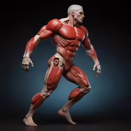 the model shows an athletic male figure with muscles