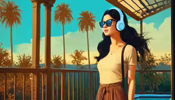 a cartoon of a woman with headphones in her ears,a girl is standing near a gaze wearing headphones