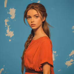 a woman in an orange dress looking back