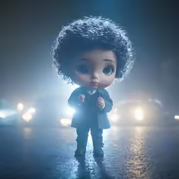 a doll that has black hair is on the street