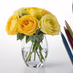 an empty vase containing yellow roses on a table