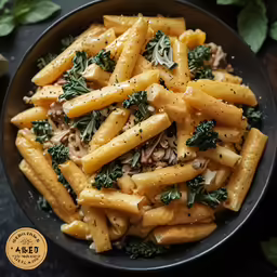 this is a bowl with pasta and meat topped with spinach