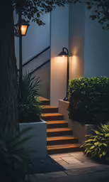 an illuminated staircase outside of a house with plants and shrubbery on either side of the stairs