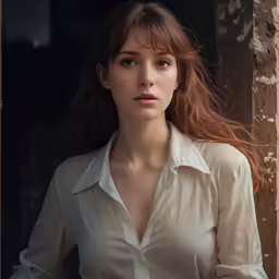 a woman in white shirt with red hair