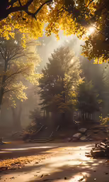 the park area has a path to a forest with lots of trees