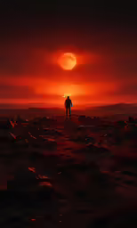 a person standing on the edge of some rocks near the sun