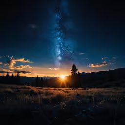 a sky filled with stars next to a field