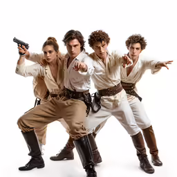four men standing next to each other pointing guns