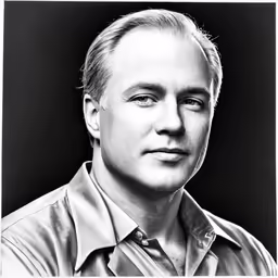 a black and white portrait of a man wearing a collared shirt