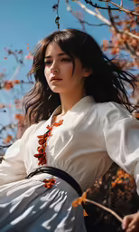 a woman is standing under some trees and wearing an orange lei