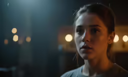 the woman is staring at something in the dark
