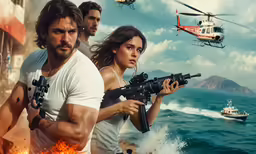 two people are holding guns and looking at the helicopter flying over them