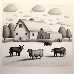 three sheep in a pen drawing next to a barn,three sheep standing next to a barn in a field