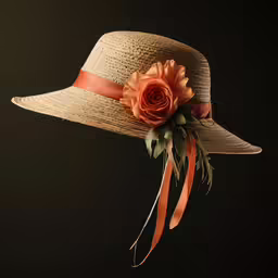 this is an orange flower on a large straw hat