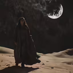 the woman in black is standing on top of a sandy hill