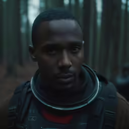a young man in a red shirt is wearing an armor