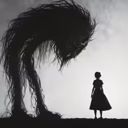 an illustrated image of a girl and monster in front of a cloudy background
