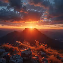the sun setting behind a rock on top of a hill
