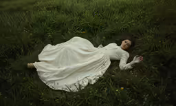 a woman laying down on a grass field