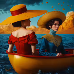 two people wearing yellow hats on a boat,two women in hats sit inside a boat in the ocean