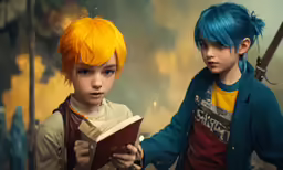 a boy reading a book next to a girl with short hair