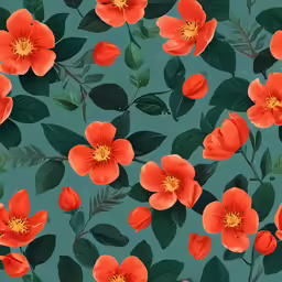 red flowers and leaves are featured on a teal green background