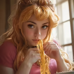 a woman with blonde hair is holding spaghetti up to her face