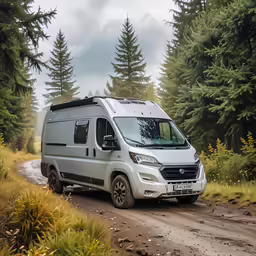 an rv is driving on a road surrounded by trees