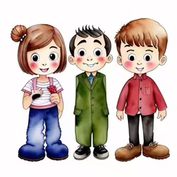 three children, one with a phone and one without a shirt,three young children are standing side by side