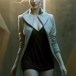 a model walking on the catwalk in a short black and grey outfit