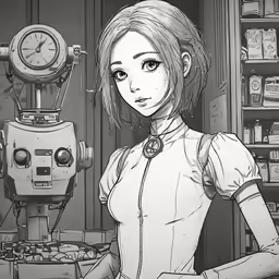 a young girl standing next to a robot