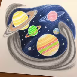 a drawing that shows a space scene with planets,this is a drawing of various planets,a drawing of planets with a star and saturn,this is a drawing of some planets,a drawing of the planets that are depicted in a picture