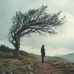 a man in a hat walks down a dirt road next to a large tree