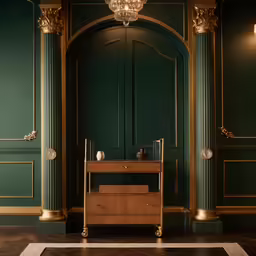 there is an old fashion vanity in a room with green walls