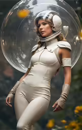 a woman in white suit and helmet with bubble bubble