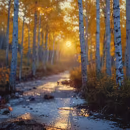 a path through the forest in autumn with yellow trees on both sides